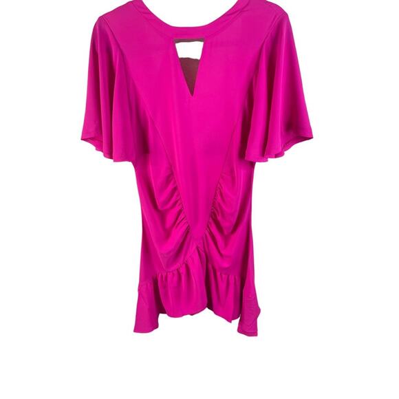 Le Superbe Waikiki Ruched Ruffle Mini Dress Keyhole Neck Flutter Sleeve Pink 2 - Picture 7 of 16